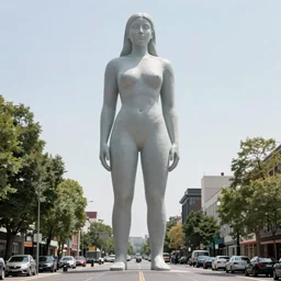 Giant woman towers over a street, photography by Julia Fullerton-Batten