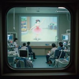 fuji 5 0 r, 3 5 mm ; closeup film still of busy medical bay interior window lookout view like ; in the background projection of beautiful hyperrealistic film still from kagemusha movie of seinen manga ballerina scene in style of 1 9 9 0 frontier in porcelain 3 5 mm photography magazine architectural studio edition, highly detailed, cinematic lighting, 8 k
