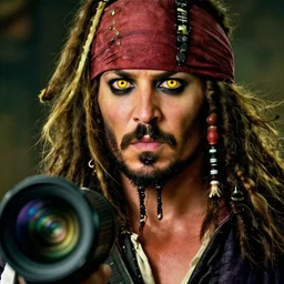 photo of a pirate captain with long beard and bright golden eyes, glaming hair, cinematic lighting, 70mm, sigma lens