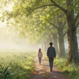 morning walk. volumetric lighting, spring early morning, dew, nice weather, hyper realistic, perfectly shaded, digital painting, unreal engine render, art by krenz cushart and nixeu