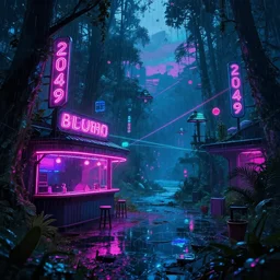 abandoned by albert bierstadt, synthwave neon noir at spring bladerunner 2 0 4 9 neon signs nightsky cyberpunk rainforest sea darkacademia forest scumm bar lightpaint postcyberpunk dieselpunk landscape laser made of glass anime gem at dusk matte painting at dawn, archdaily, wallpaper, highly detailed, trending on artstation.
