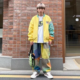 harajuku outfit inspired by an eastern swallowtail caterpillar, colorful, Seoul street wear, mens