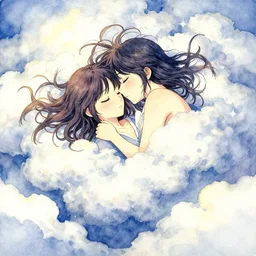 sweet dreams in the cloud lands. watercolor by award - winning mangaka, romaticism, intricate details.