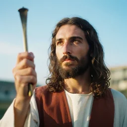 stunning film photograph of ( ( ( ( jesus holding a plumbus ) ) ) ), closeup, aperture 1. 2