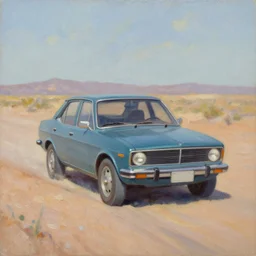 An impressionist oil painting of a car driving in the desert