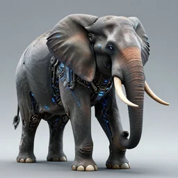 hyper realistic cybertronic elephant. high details of body and face. complex realistic mechanical body. blue led. cyberpunk style, natural realistic render, trending on art station, 8 k render.