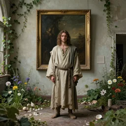 ancient man wearing old crumpled robe in front of the framed painting in the abandoned overgrown art gallery surrounded by wildlife, flowers, seashells, ivy, photorealistic, highly detailed, digital painting, cinematic lighting, by rutkovski and simonetti and beksinski