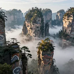 Breath-taking beautiful trees, rocks, clouds, mist, Zhangjiajie, An aesthetically pleasing, dynamic, energetic, lively, complex, intricate, detailed, well-designed digital art of trees, rocks, clouds, mist, Zhangjiajie in early morning, light and shadow, overlaid with aizome patterns, Shin-hanga by Thomas Kinkade and Bob Ross, traditional Japanese colors, superior quality, masterpiece, featured, trending, award winning, HDR, HD, UHD, 4K, 8K, anamorphic widescreen