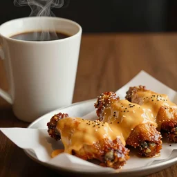 A cup of coffee next to hot wings covered in a lot of cheese, Cinematic shot, 8k resolution