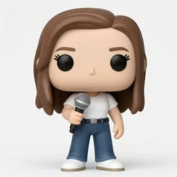 funko pop figurine of beautiful smiling girl holding a microphone, very straight brown hair and pale skin wearing blank white thirt and jeans