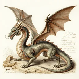A very detailed anatomical illustration of a dragon with hand written notes. Leonardo de Vinci, 1501. high quality, high resolution
