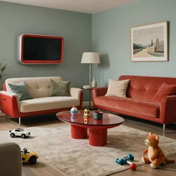 adventurer ( 1 9 5 0 s retro future living room. muted colors. toys laying around ) by jean baptiste monge, chrome red
