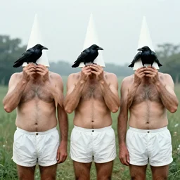 realistic photo portrait of a three old hairy scientists wearing white shorts, cone heads, holding crows on their faces covered 1 9 9 0, life magazine reportage photo, natural colors
