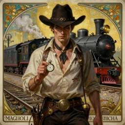 a dramatic ethereal epic symmetrical painting of a handsome villainous cowboy | his shirt is ripped open and he has a pocketwatch | background is a locomotive railroad railway steamtrain | tarot card, art deco, art nouveau, (steampunk), homoerotic | by Mark Maggiori ((((and Alphonse Mucha))) | trending on artstation