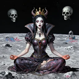 in the style of artgerm and joshua middleton, beautiful queen, demon, skeleton, queen, wearing a dress, meditating on the lunar surface, meditation, graffiti, highly detailed