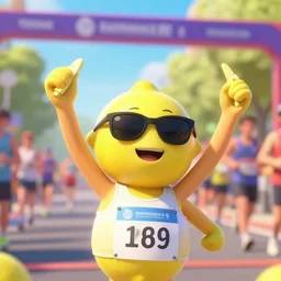 a wholesome animation key shot of lemon winning a marathon at the finish line, wearing sunglasses, medium shot, waist up, pixar and disney animation, sharp, rendered in unreal engine 5, anime key art by greg rutkowski, bloom, dramatic lighting