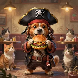 a portrait of an anthropomorphic pirate dog eating hamburgers, standing in a restaurant surrounded by cats!, cute and adorable, dnd character art portrait, well rendered matte fantasy painting, deviantart artstation, by jason felix by steve argyle by tyler jacobson by peter mohrbacher, cinematic lighting