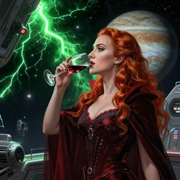 a highly detailed matte painting of scarlett johansson as a red haired vampire sorceress, drinking wine, standing in a space station and looking at jupiter, sci fi and fantasy, viewed in profile from far away, crackling green lightning, ultrawide lens, art by artgerm and greg rutkowski and alphonse mucha, volumetric lighting, octane render, 4 k resolution, trending on artstation, masterpiece