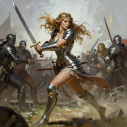 A very beautiful berserker woman, running into battle holding a sword, by Frank Frazetta, Greg Rutkowski, Boris Vallejo, epic fantasy character art, goddess of war, Exquisite detail, elven armor, post-processing, low angle, masterpiece, cinematic