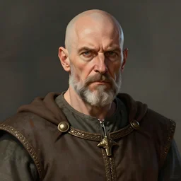 portrait of a 60 years old strict looking man, bald patch, sqare-jawed in medieval clothing, digital art