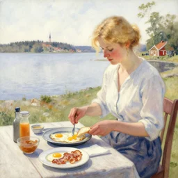 hot blonde woman making egg and bacon breakfast, swedish countryside, seaview, morning, calm, watercolor painting by vladimir volegov, anders zorn