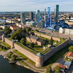 suomenlinna fortress, helsinki, finland, aerial photograph, hyper realistic, medieval painting, skyscrapers, futuristic, cyberpunk
