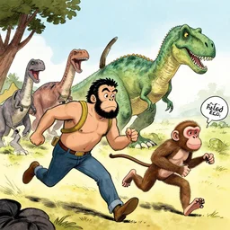 A caricature illustration of hasbulla and a macaque running from dinosaurs, by mort drucker