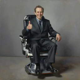 tony massarotti, smiling and giving thumbs up, sitting in electric chair. oil on canvas painting, surreal, disturbing