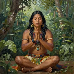 a beautiful painting of an amazonian male shaman healer sitting in the jungle, doing a prayer, ayahuasca, high detail painting, fantasy art, highly detailed, realistic face, only one face, starry sky, canopee