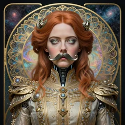 emma stone robot, dmt, large metal mustache, muted colors, benevolent, nebula background, glowing eyes, detailed realistic surreal retro robot in full regal attire. face portrait. art nouveau, visionary, baroque, giant fractal details. vertical symmetry by zdzisław beksinski, alphonse mucha. highly detailed, realistic