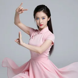 pink dress, beautiful girl in tai chi pose, fantasy, han so - hee, lipstick, eyeliner, friendly, pure, perfect face, blue eyes, highly detailed, masterpiece, artstation, art by emika lightweaver and antoine collignon and akihiko yoshida