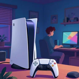 video gamecore, gamecore, gamercore pop art of a man playin playstation 5 on his bedroom at night, cinematic perspective, studio ghibli, pop art, trending in artstation, behance, deviantart