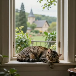 sleeping cat on window, inside house in village, plants, neoclassicism style
