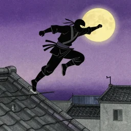 a Ninja secretly jumping from one rooftop to another at night, purple sky, yellow moon, highly detailed ukiyoe by Utagawa Hiroshige