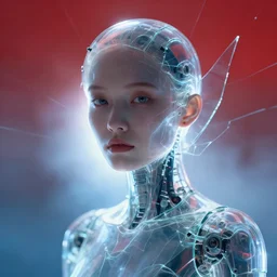 closeup portrait of a transparent cyborg girl, shattered glass, cinematic light, backlight glow, red sky blue, mist, by mikhail vrubel, by philippe druillet, by peter elson, by gerald brom, muted colors, ( ( extreme detail ) ), trending on artstation, 8 k