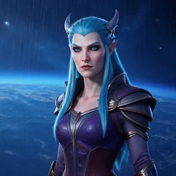 ( ( ( ( ( hyperrealist distant portrait of empress sylvanas windrunner on a blue planet where it rains colors. ) ) ) ) ) by bayard wu, fantasy, photorealistic, octane render, unreal engine, dynamic lighting, trending on artstation, poster, volumetric lighting, very detailed faces, 4 k, award winning