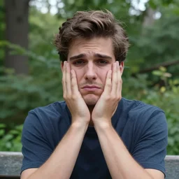 photo of a disappointed umimpressive young man in central park, face is glitched, eyes are misplaced