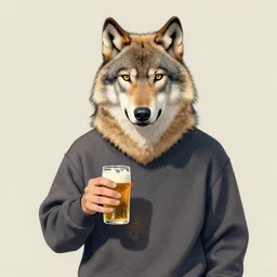 Wolf as a human, wearing sweatshirt, holding beer, artwork by Earl Norem,