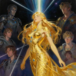 a golden goddess with blue adornments quarter turn figurative anime portrait, in space, transcending to a higher plane in the multiverse, lazer light beaming down to top of her head, by android jones, by ben ridgeway, by ross draws, by Noah Bradley, by Maciej Kuciara + illustrative + visionary art + low angle + oil painting + 3/4 portrait + asymmetry