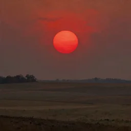 painting of a plain landscape with large red sun at the top in the style of william blake
