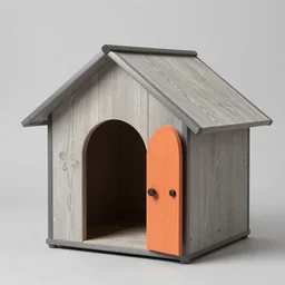a doghouse with the shape of a dog with grey and orange accents designed by antony gormley, advertising photography