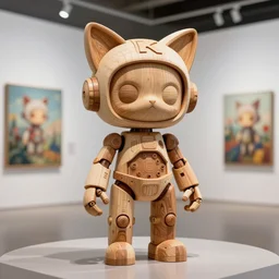 8 k octan advertising highly detailed photo, a totally wooden sculpture collectible art toys on feet, very cute cyborg with cat ears, cyberpunk a contemporary art gallery sharp focus, masterpiece nofinito design structure