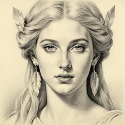 pencil drawing of beautiful greek goddess aphrodite with arrowhead earrings and beautiful feather jewelry, beautiful piercing eyes, beautiful blonde hair, hyper realistic face, in the style of greg rutkowski, fantasy, amazing detail, epic, elegant, smooth, sharp focus, from the front