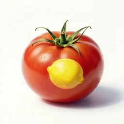 a portrait of a single tomato with a drawing of a lemon on it