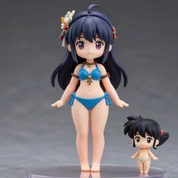 beautiful and charming girl in blue bikini nendoroid full body hyperdetalied, model pose, boho accessories, osamu tezuka, macoto takahashi, chibi, q posket, 8 k realistic, 3 d, cryengine, exquisite, two hands, smile, focus, symmetrical face, artstation, frostbite 3 engine