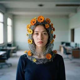 a woman wearing a hood made of wire and zinnias, in an abandoned office building, by lucien freud, canon eos c 3 0 0, ƒ 1. 8, 3 5 mm, 8 k, medium - format print