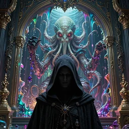 ! dream an extremely detailed 3 d render close - up of a hooded necromancer in front of a cthulhu within a viscosity fluid lovecraft portal, intricate architecture, baroque detailed, unreal engine, octane render, hyper realistic render, micro detail, design by android jones and greg rutkowski, gaston bussiere, craig mullins, synthwave color scheme, volumetric lighting, trending on artstation, vivid colors, subsurface scattering, ray tracing