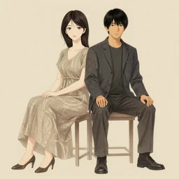 concept art, pretty woman with man sitting, biege background, junichi higashi, isamu imakake, intricate, balance, ultra detailed, full far frontal portrait, artgem