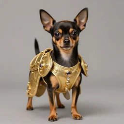 humanoid Chihuahua pinscher mix in golden ornamented armor
