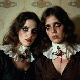 a man and a woman who are beautiful but creepy, wearing vivienne westwood collars in layers of fear, with haunted eyes and dark hair, 1 9 7 0 s, seventies, wallpaper, a little blood, morning light showing injuries, delicate embellishments, painterly, offset printing technique, by brom, robert henri, walter popp